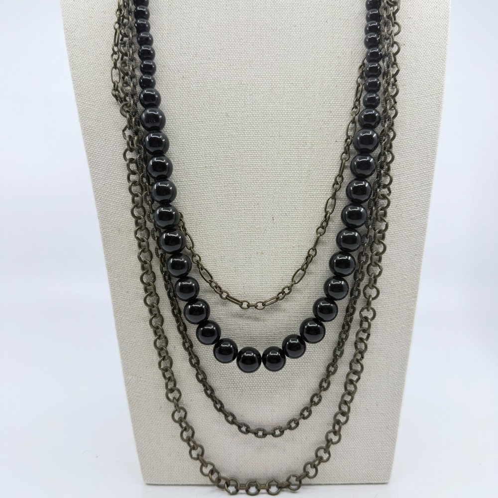Multi Strand Black Bead Necklace with Antique Bronze Chain Statement